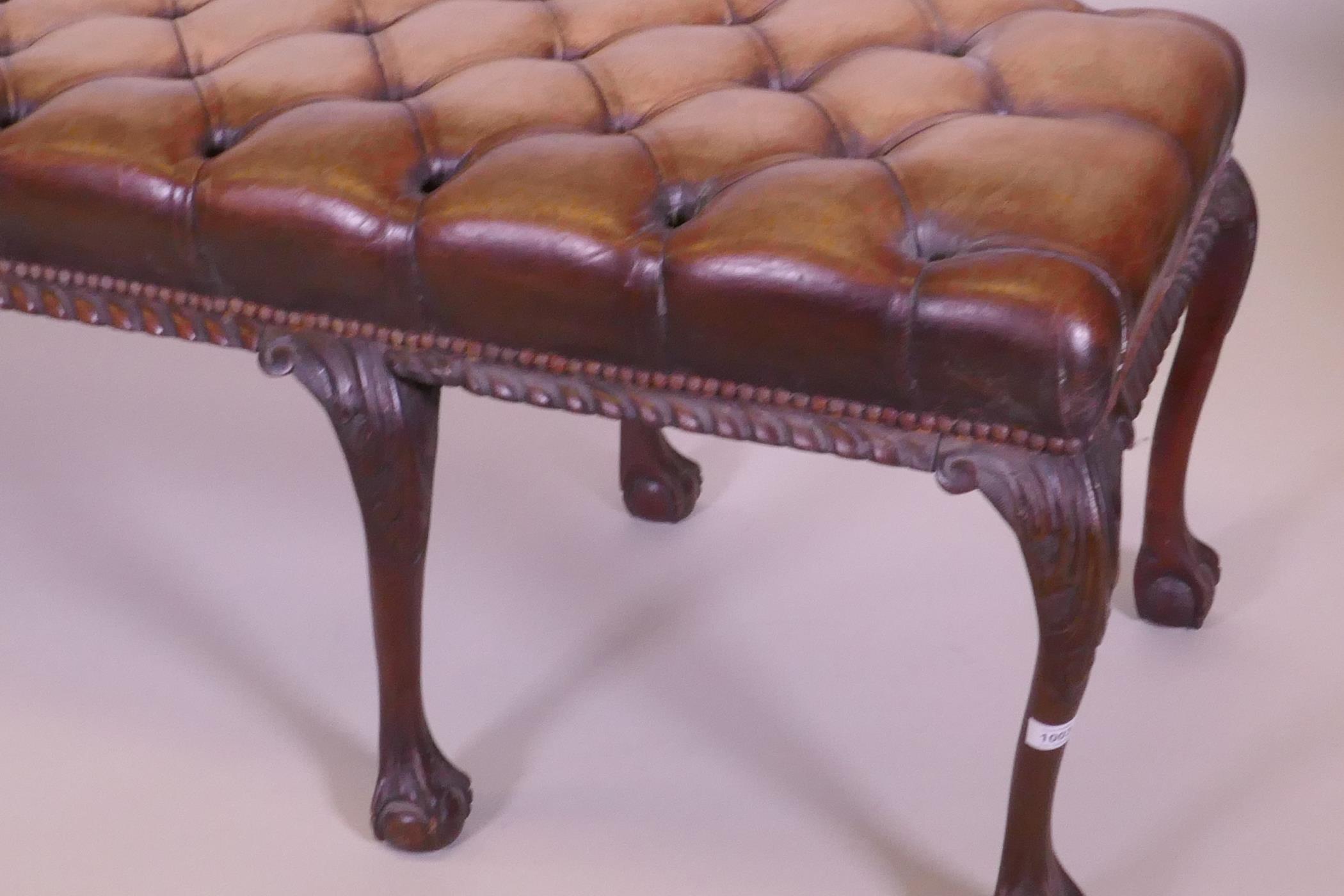 A mahogany bench raised on cabriole legs with claw and ball feet and a buttoned leather seat, 192 - Image 2 of 5