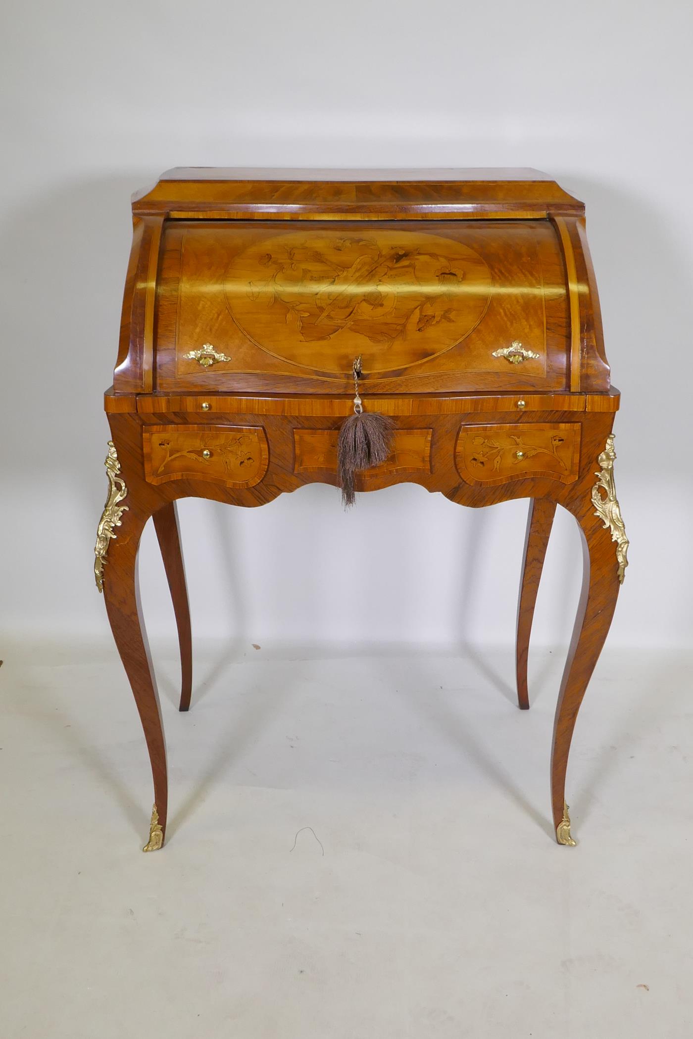 A rosewood marquetry inlaid bureau, with shaped top and cylinder front, the interior fitted with - Image 2 of 9