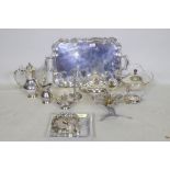 A good quantity of silver plated wares, a shaped tray, four piece tea set, centrepiece etc, tray