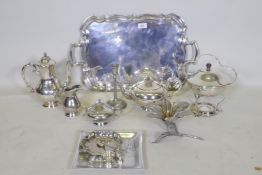 A good quantity of silver plated wares, a shaped tray, four piece tea set, centrepiece etc, tray