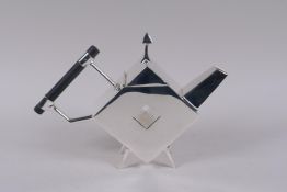 A Christopher Dresser style silver plated teapot, 24cm long