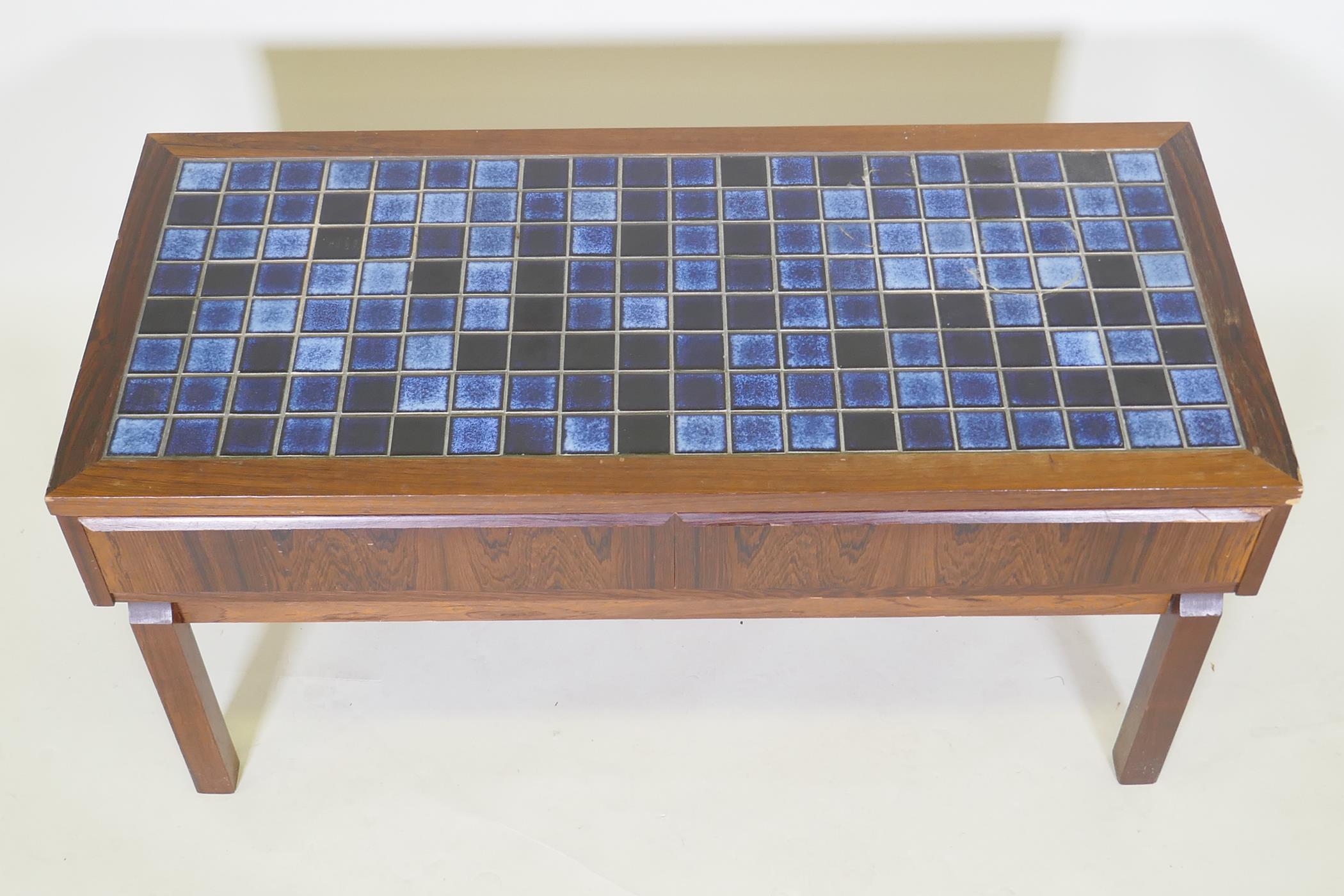 A mid century rosewood two drawer side table, with inset tile top, 92 x 42 x 44cm - Image 2 of 3