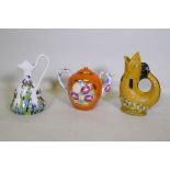 A large Russian Ayaebo porcelain teapot with folk art designs and gilt highlights, 23cm high, a