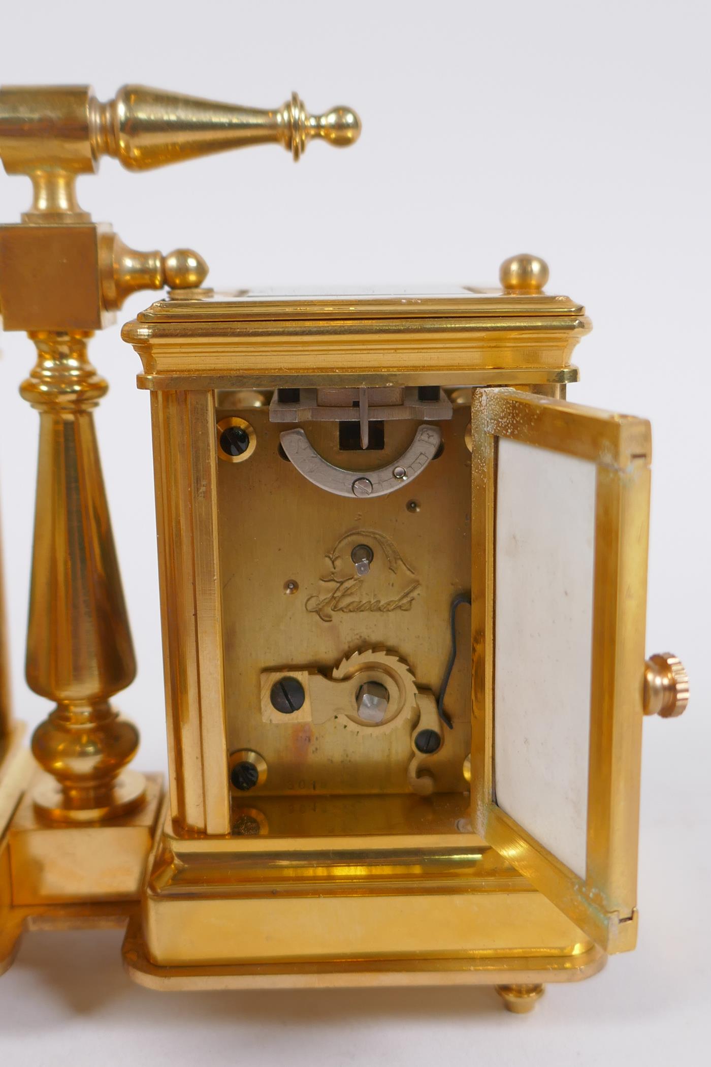 An ormolu and Sevres style porcelain twin carriage clock and barometer, the dials decorated with - Image 6 of 6