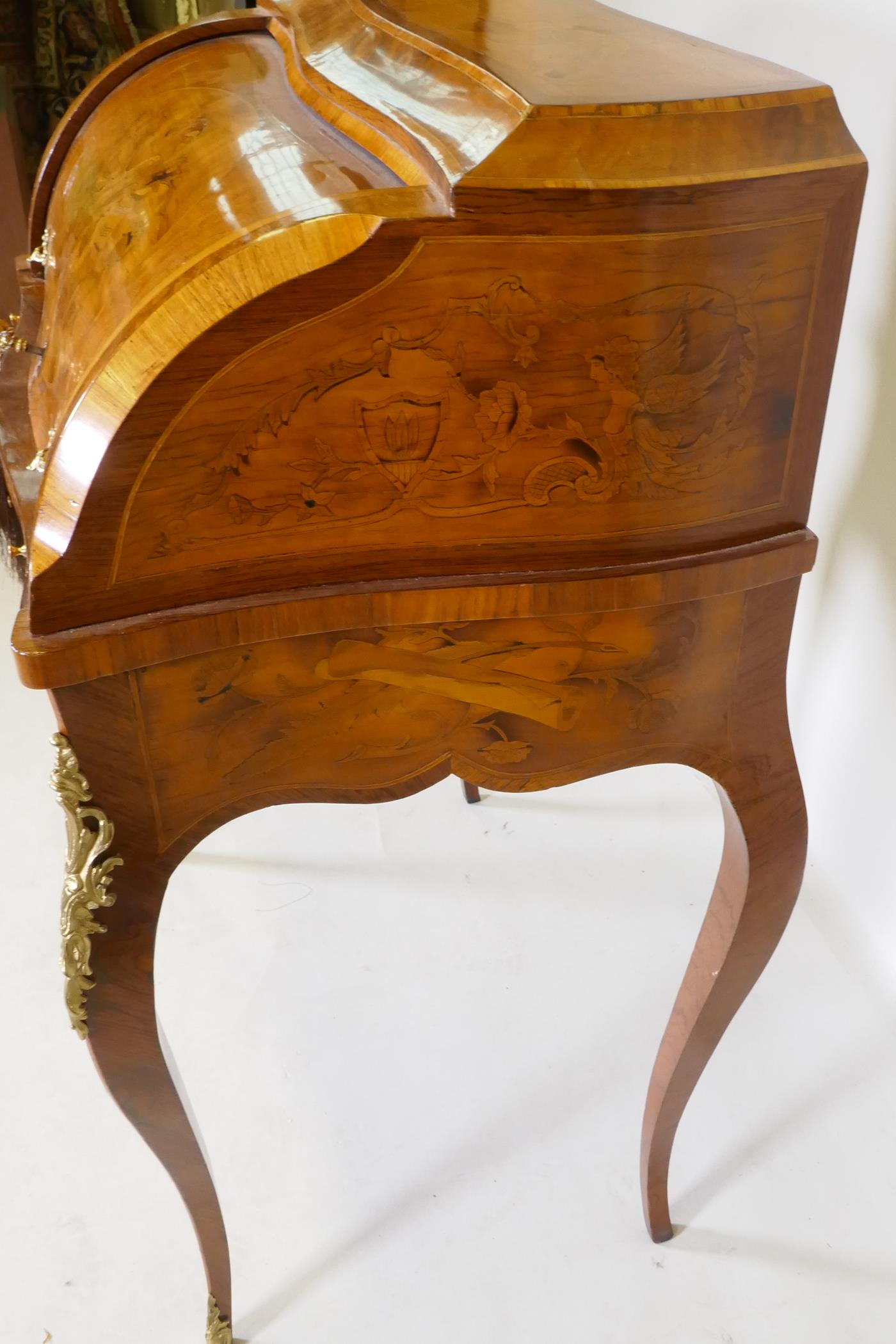 A rosewood marquetry inlaid bureau, with shaped top and cylinder front, the interior fitted with - Image 7 of 9