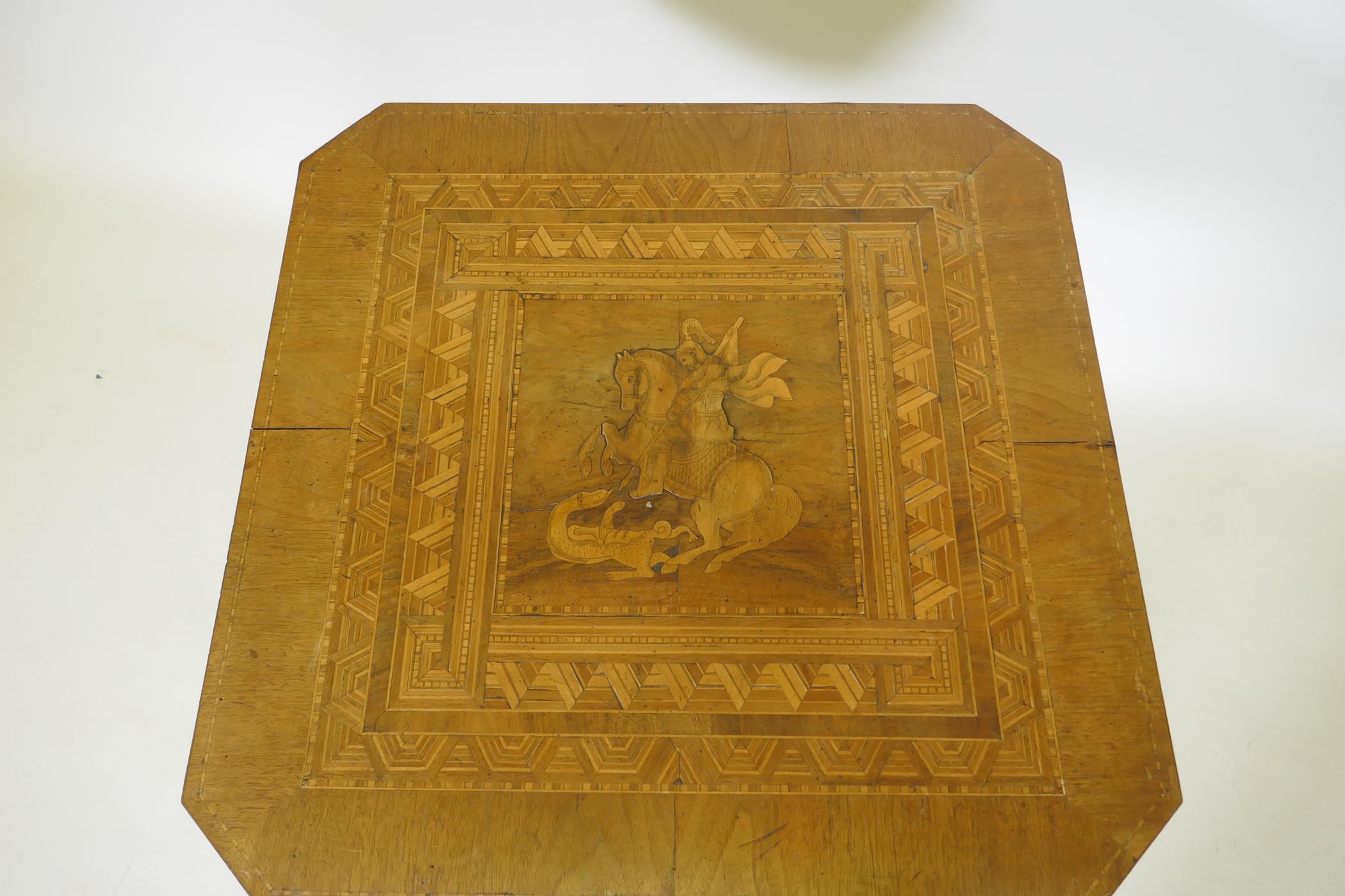 A C19th walnut marquetry inlaid Sorrento table decorated with George and the dragon, with a single - Image 2 of 4