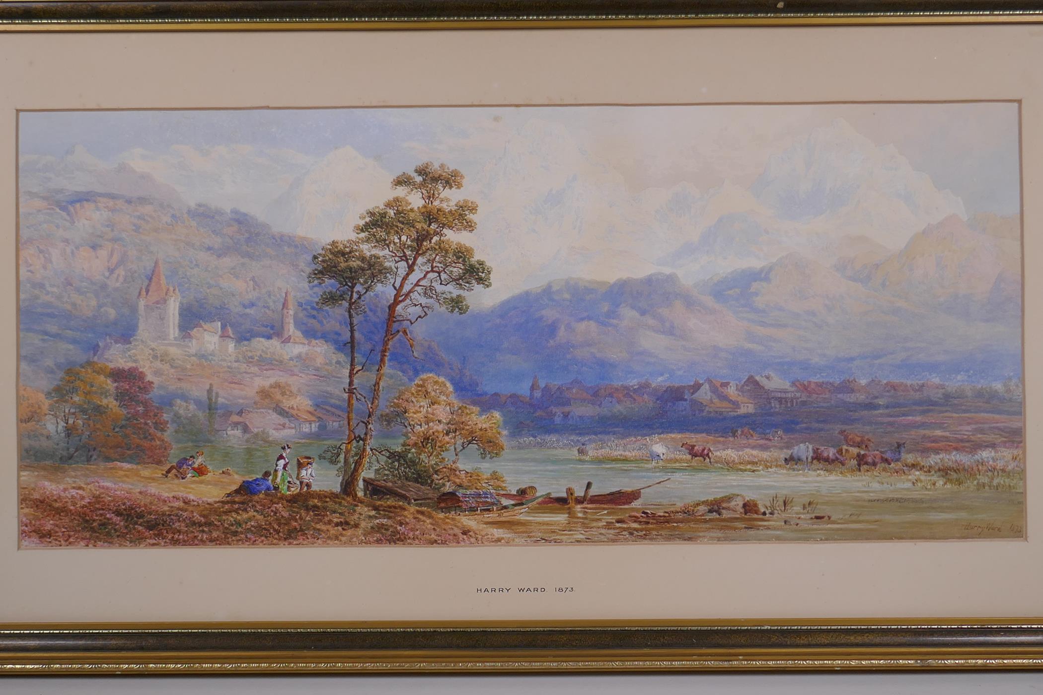Harry Ward, extensive river landscape with figures to foreground, signed watercolour, 27 x 62cm - Image 2 of 5