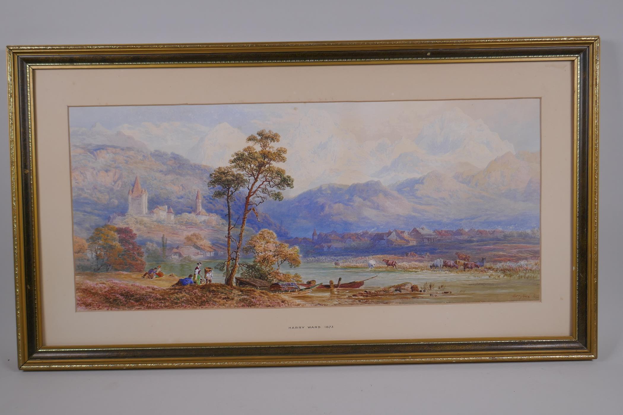 Harry Ward, extensive river landscape with figures to foreground, signed watercolour, 27 x 62cm - Image 5 of 5