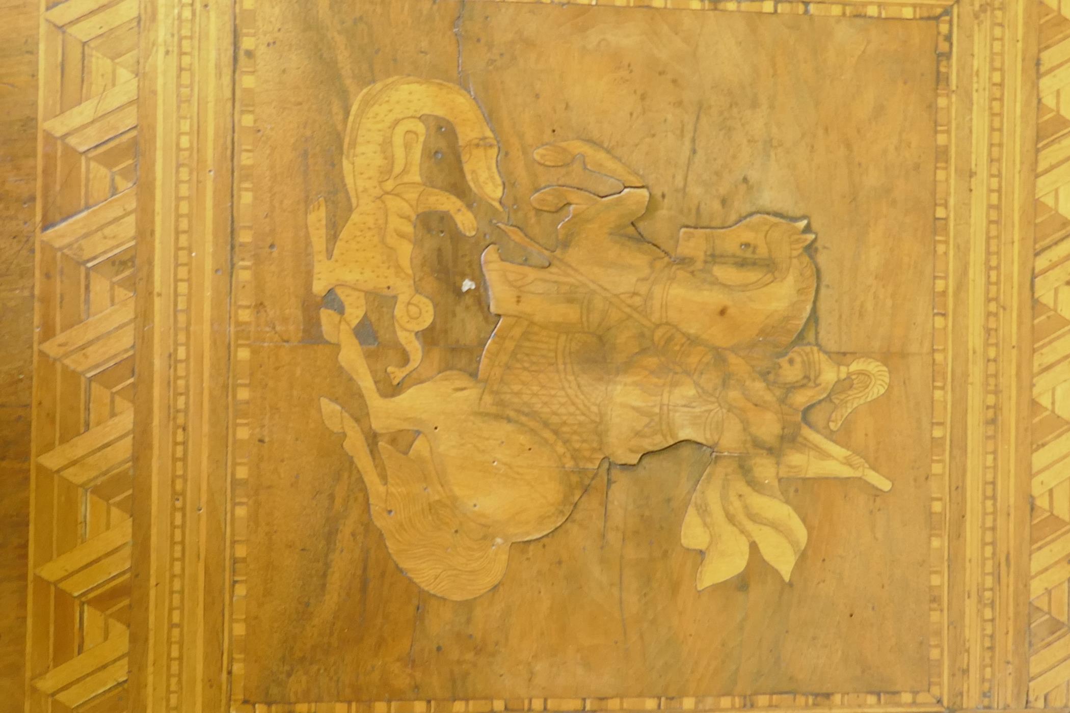 A C19th walnut marquetry inlaid Sorrento table decorated with George and the dragon, with a single - Image 3 of 4