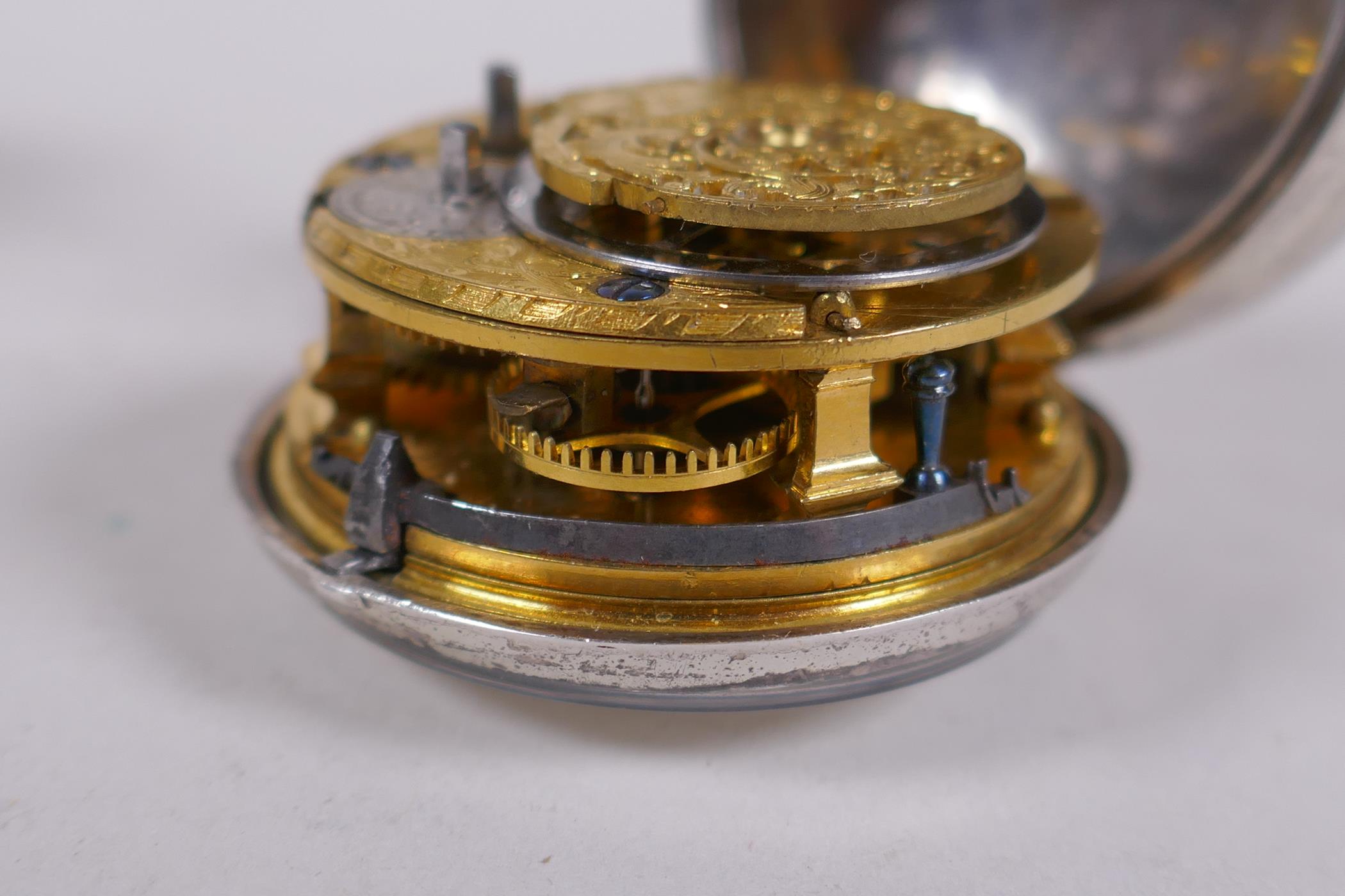 C18th silver cased fusee pocket watch, the movement inscribed Thos. Crook, London, the enamel dial - Image 7 of 8