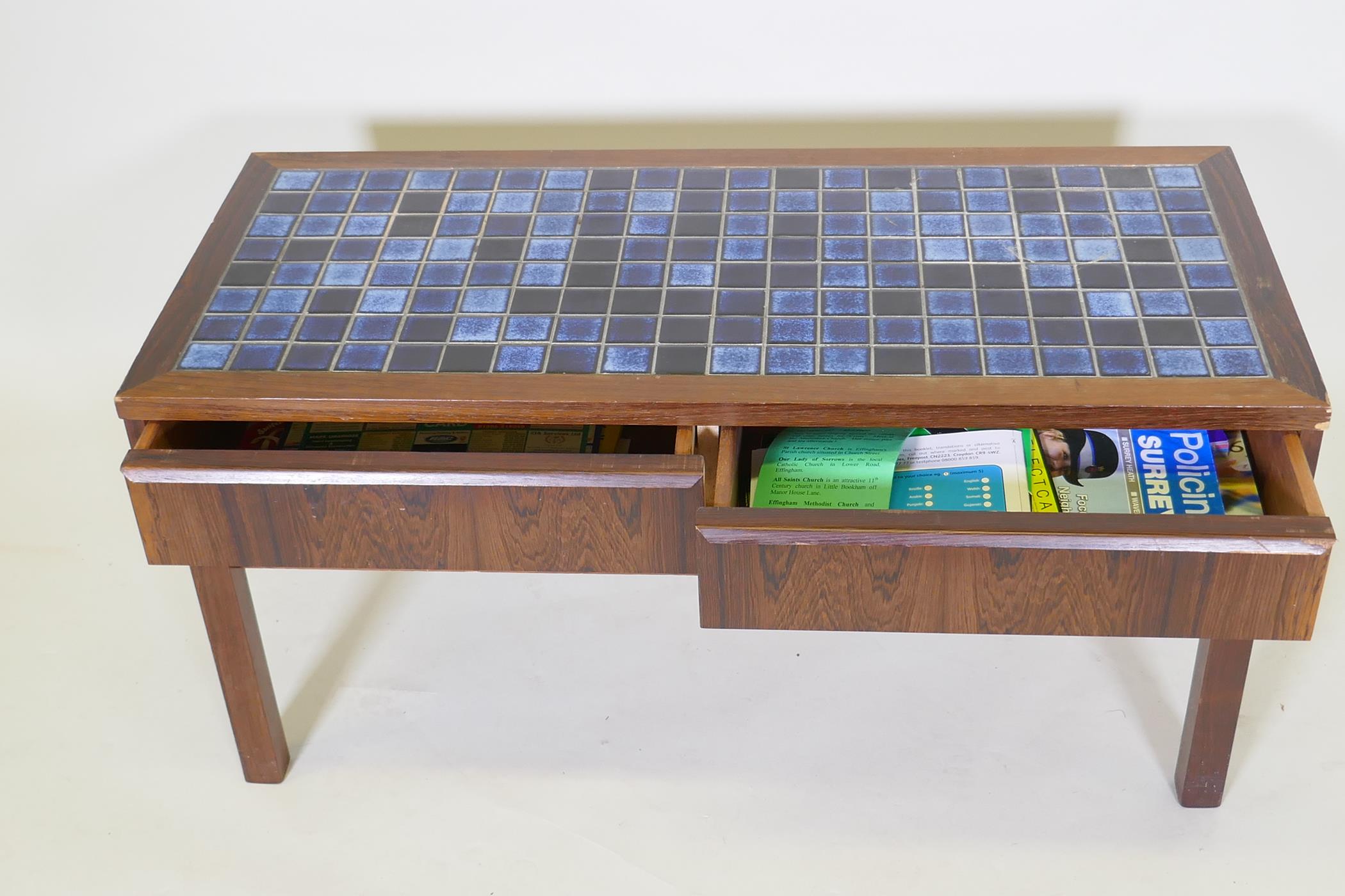 A mid century rosewood two drawer side table, with inset tile top, 92 x 42 x 44cm - Image 3 of 3