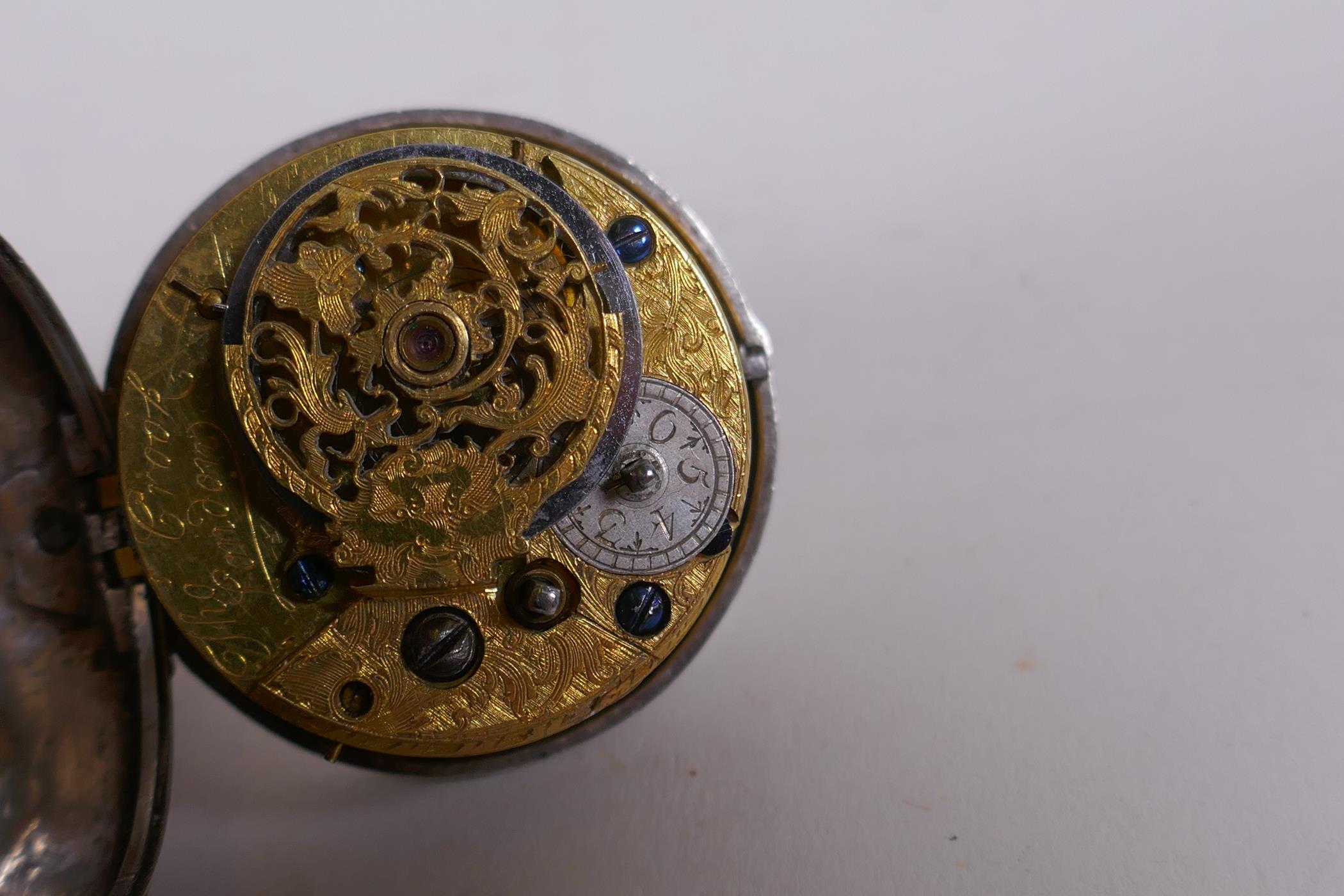 C18th silver cased fusee pocket watch, the movement inscribed Thos. Crook, London, the enamel dial - Image 5 of 8
