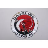 A vintage style Red Indian Gasoline Motor Oils enamel advertising sign, 29cm diameter