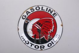 A vintage style Red Indian Gasoline Motor Oils enamel advertising sign, 29cm diameter