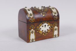 A Victorian figured walnut dome top scent bottle box, with brass and ivory mounts, lined with