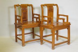 A pair of Chinese elm throne chairs, 56 x 44 x 96cm