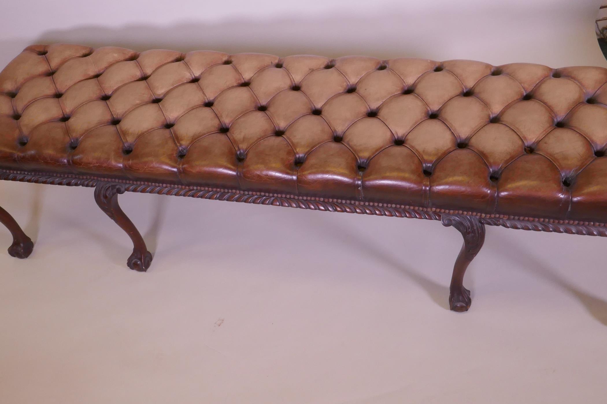 A mahogany bench raised on cabriole legs with claw and ball feet and a buttoned leather seat, 192 - Image 3 of 5