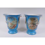 A pair of Sevres style porcelain two handled vases decorated with classical paintings, 25cm high,