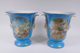 A pair of Sevres style porcelain two handled vases decorated with classical paintings, 25cm high,