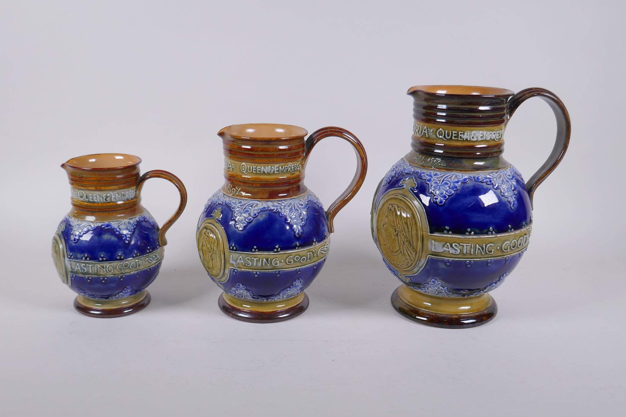 A set of three Queen Victoria Diamond Jubliee Doulton Lambeth graduated stoneware jugs, all three - Image 3 of 5