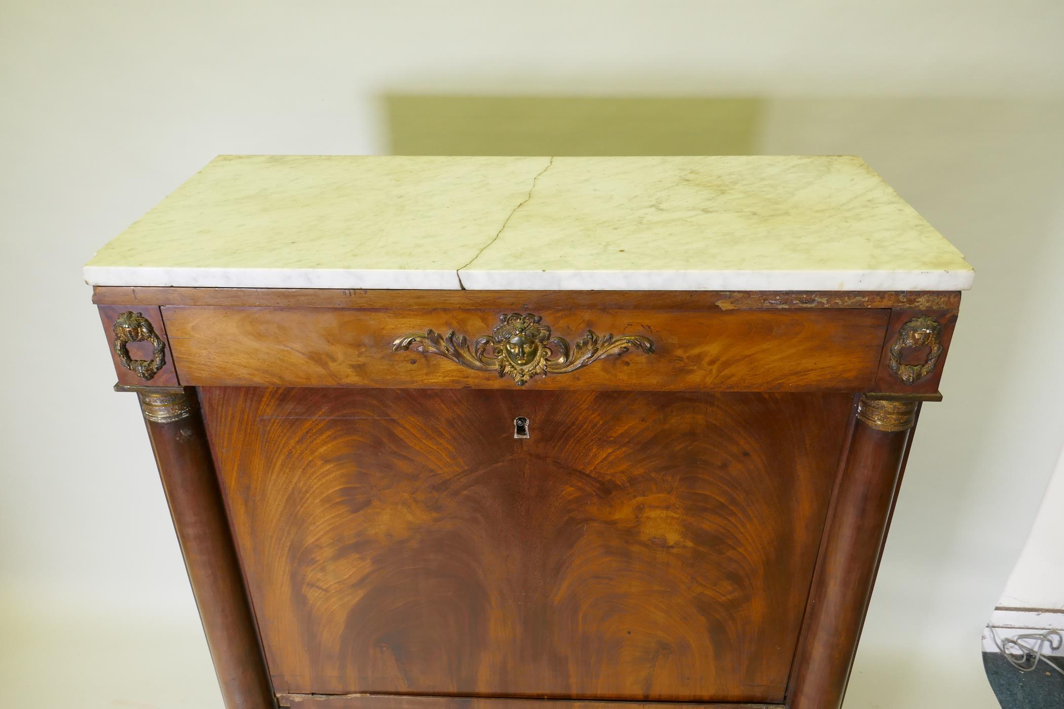 A C19th continental figured mahogany secretaire a abattant with ormolu mounts and marble top over - Image 2 of 6