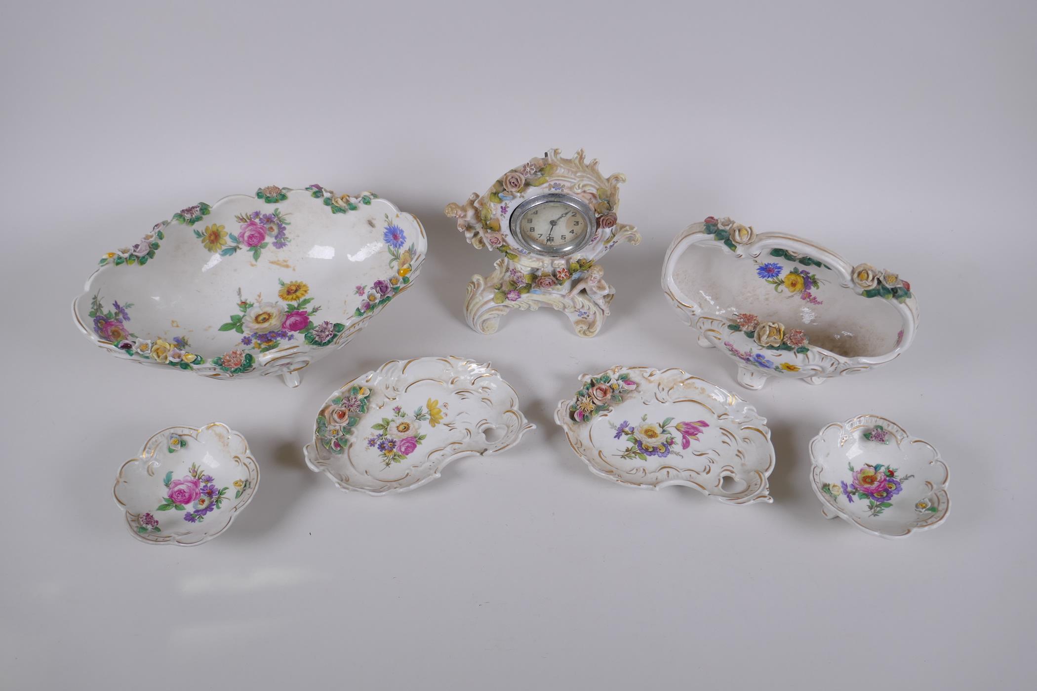 A collection of late C19th/early C20th Dresden porcelain, including a desk clock, trinket dishes, - Image 2 of 8