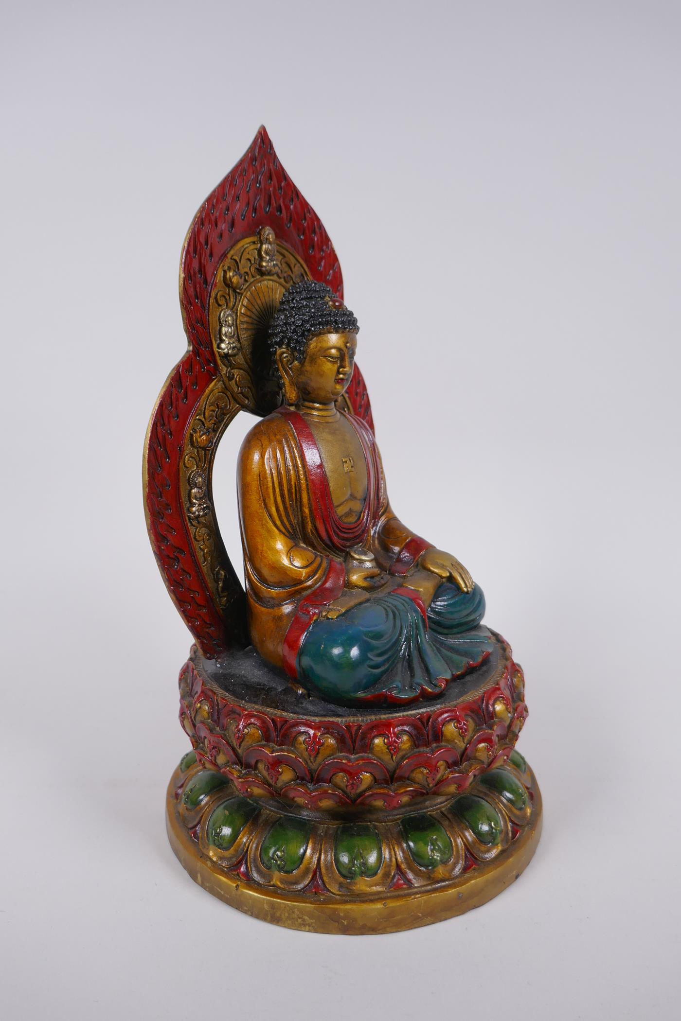 A Chinese cold painted filled bronze figure of Buddha seated on a lotus throne, 4 character mark - Image 2 of 6