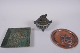 A Chinese bronze two handled censer and cover on tripod supports, with cloisonne decoration and