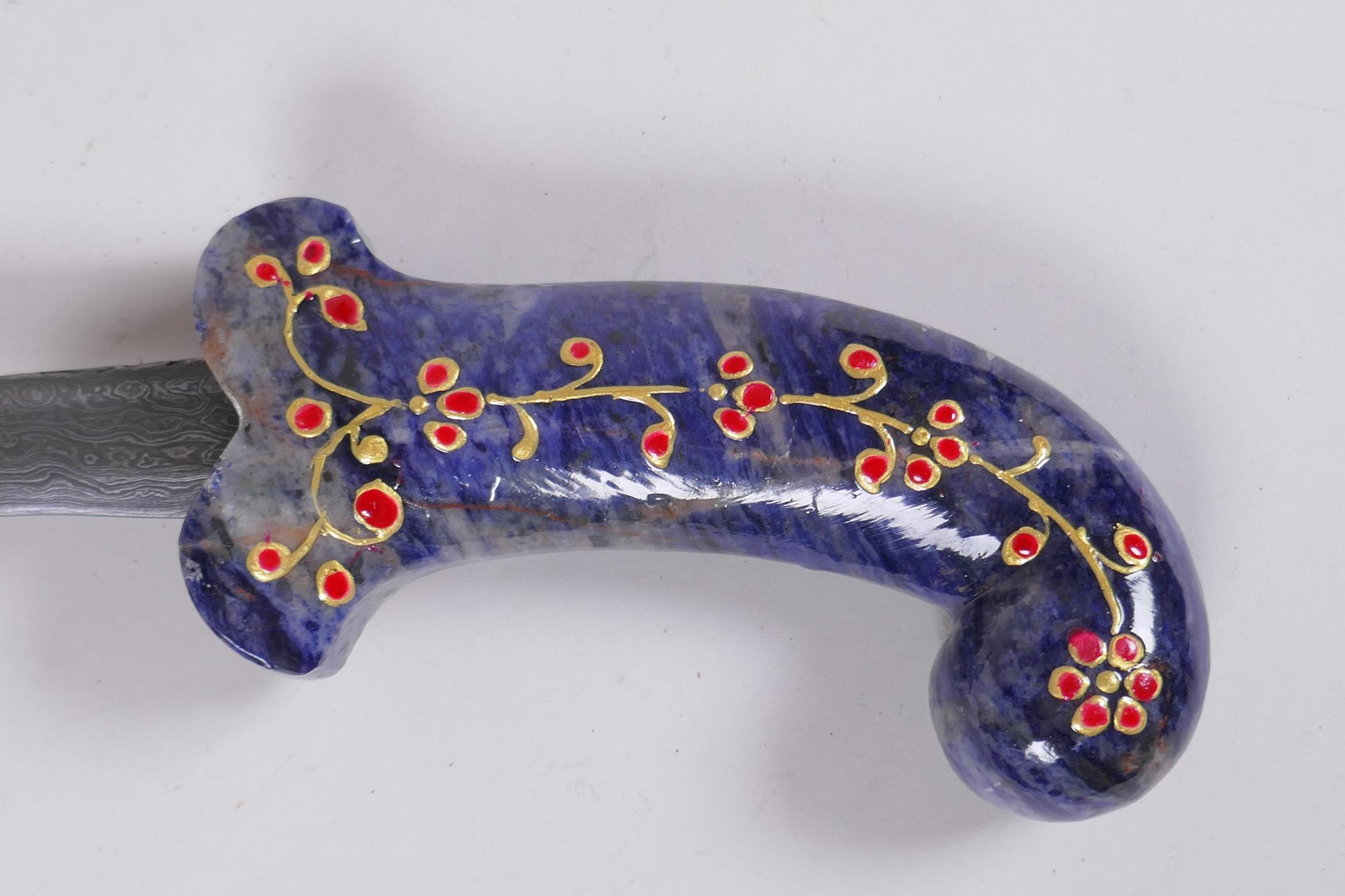 A Murghal style marble blue hardstone handled dagger with gilt and enamel decoration, 26cm long - Image 2 of 5