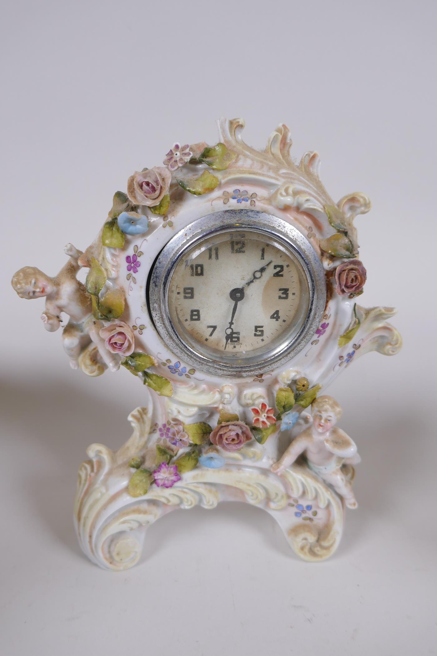 A collection of late C19th/early C20th Dresden porcelain, including a desk clock, trinket dishes, - Image 8 of 8