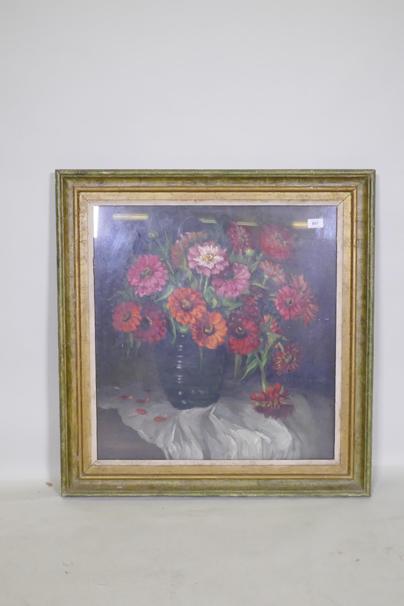 Still life, vase of flowers, unsigned, early/mid C20th, oil on board, 61 x 65cm - Image 4 of 4