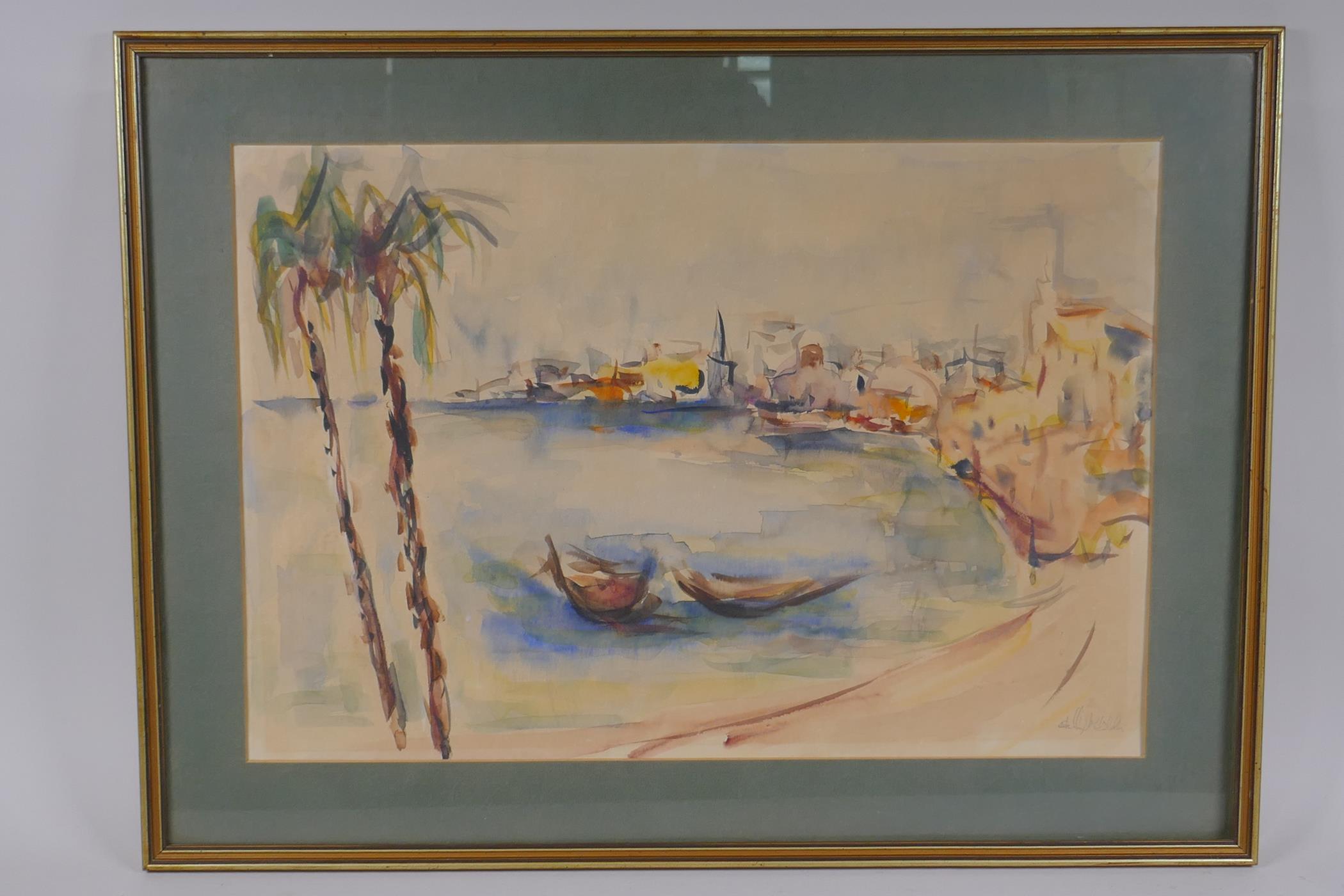 The Port of Jaffa, Israel, indistinctly signed in pencil, watercolour, 50 x 34cm - Image 2 of 3