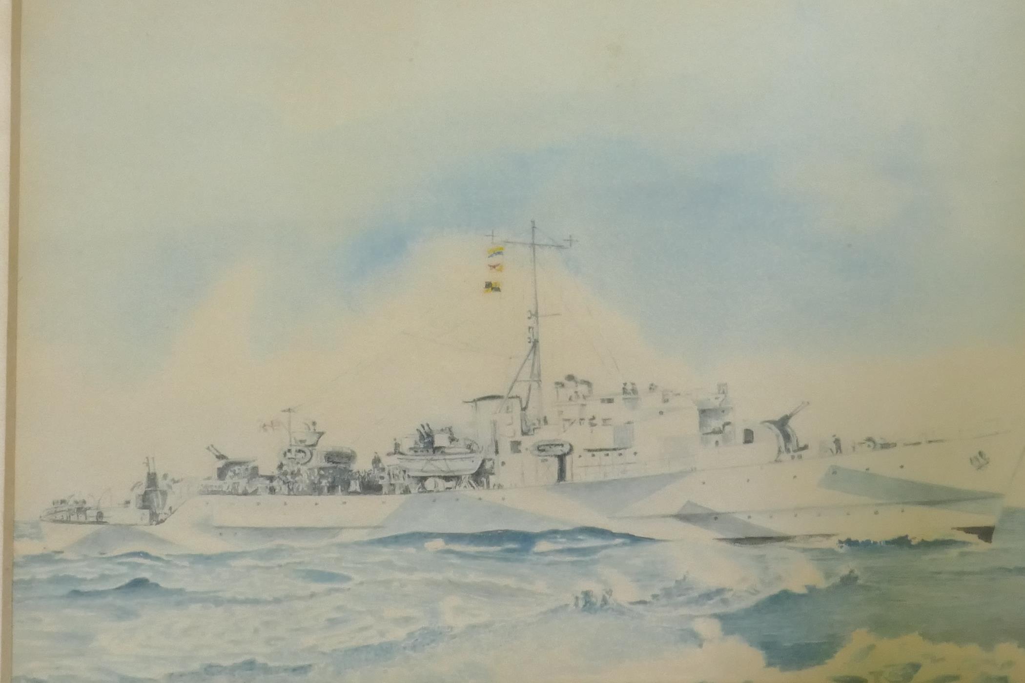 H.M.S. Brissendon, 1945, watercolour on paper, signed with indistinct monogram, 31 x 22cm