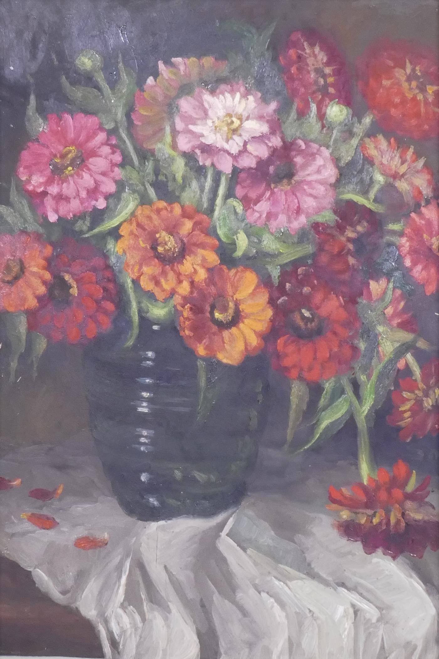 Still life, vase of flowers, unsigned, early/mid C20th, oil on board, 61 x 65cm