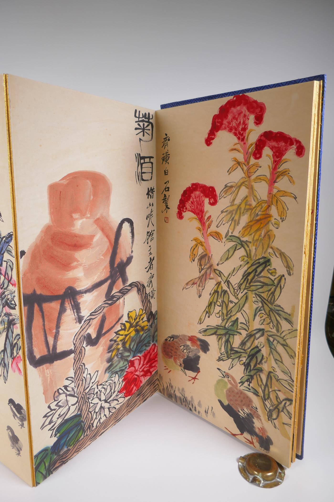 A Chinese printed concertina watercolour book depicting insects, birds, flowers and fruit, 30 x 59cm - Image 5 of 8