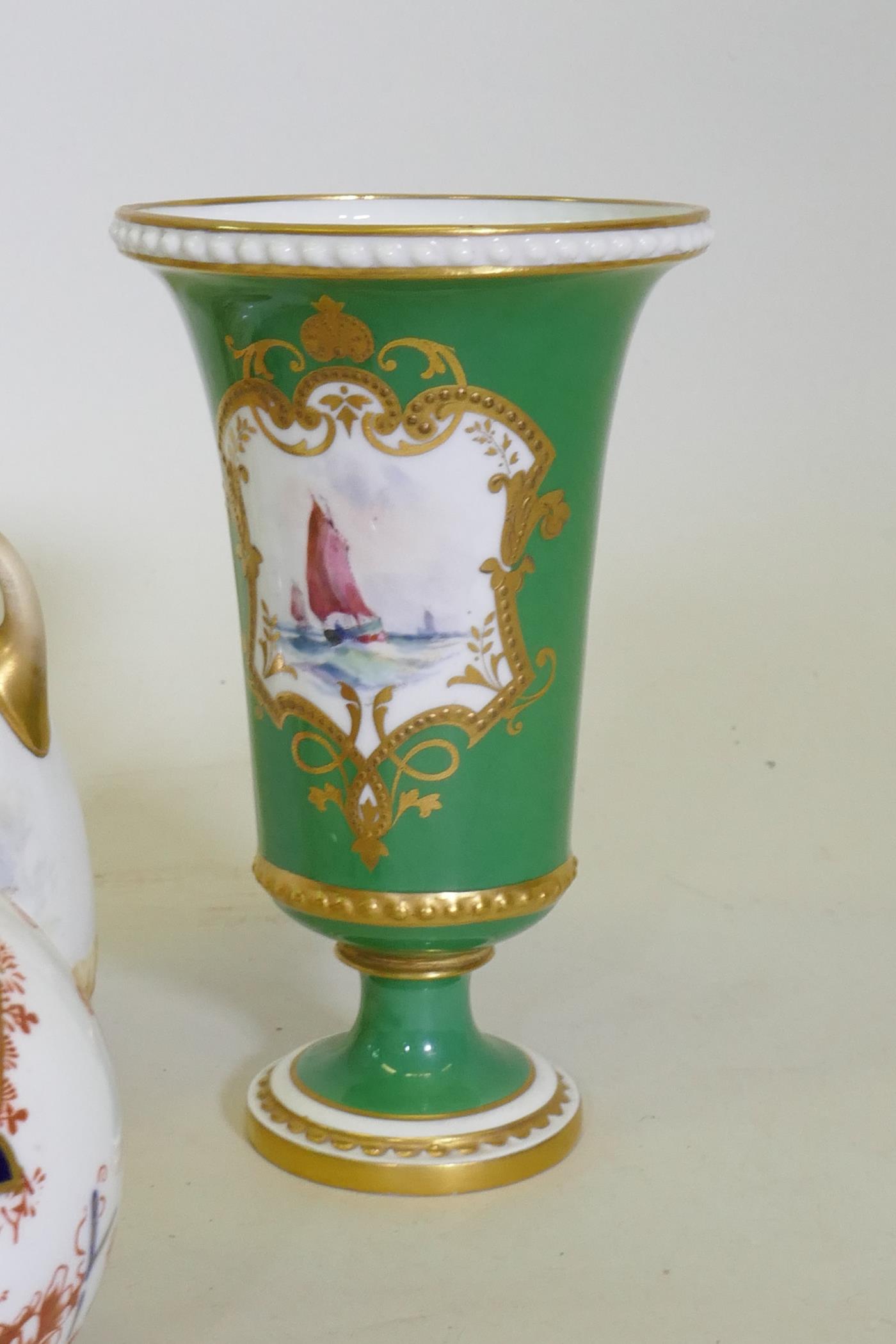 A Royal Crown Derby porcelain vase with gilt highlights on a green ground and hand painted - Image 2 of 9