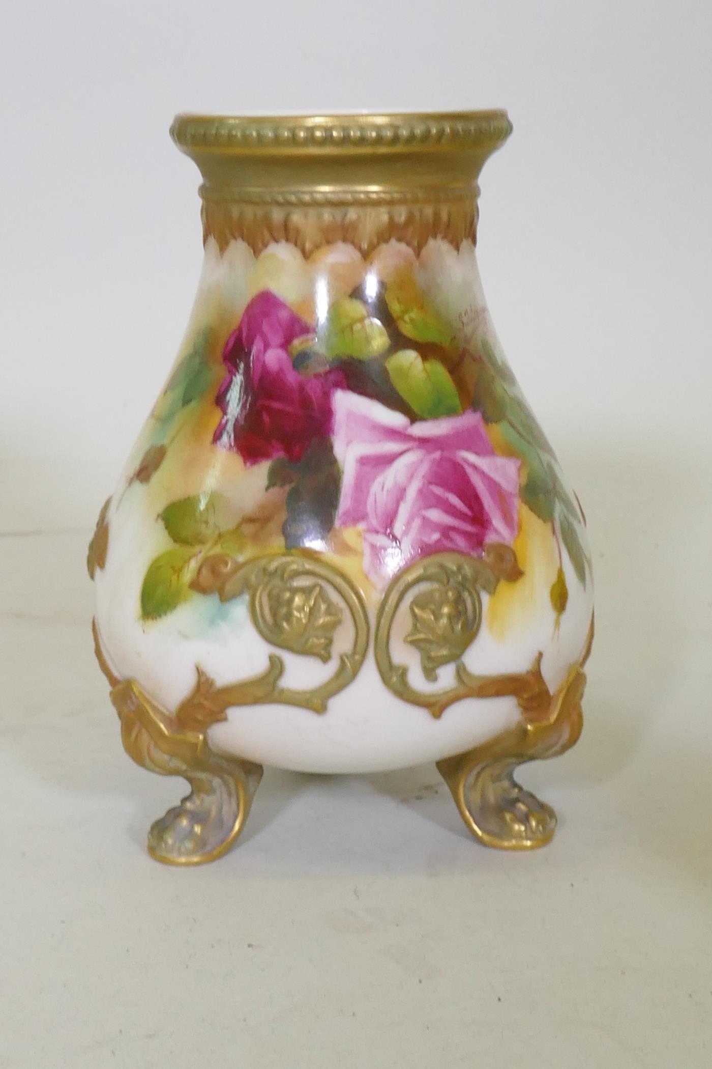 A Royal Crown Derby porcelain vase with gilt highlights on a green ground and hand painted - Image 8 of 9