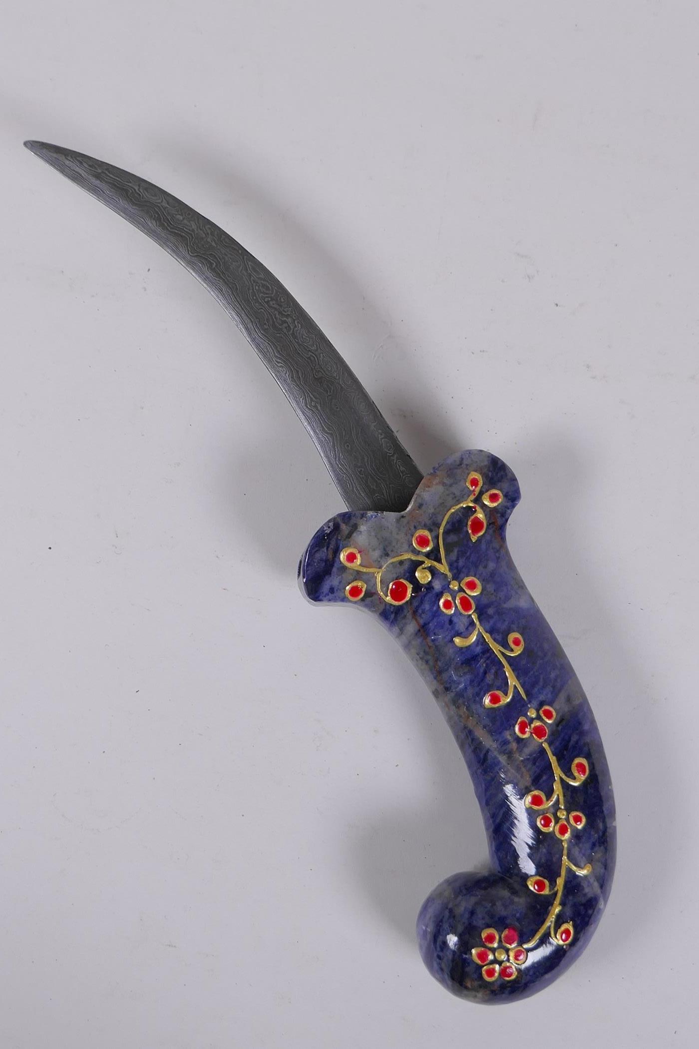 A Murghal style marble blue hardstone handled dagger with gilt and enamel decoration, 26cm long
