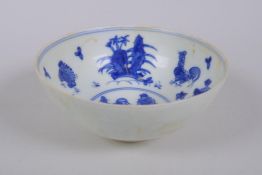 A Chinese blue and white porcelain rice bowl with chicken decoration to the bowl, the exterior