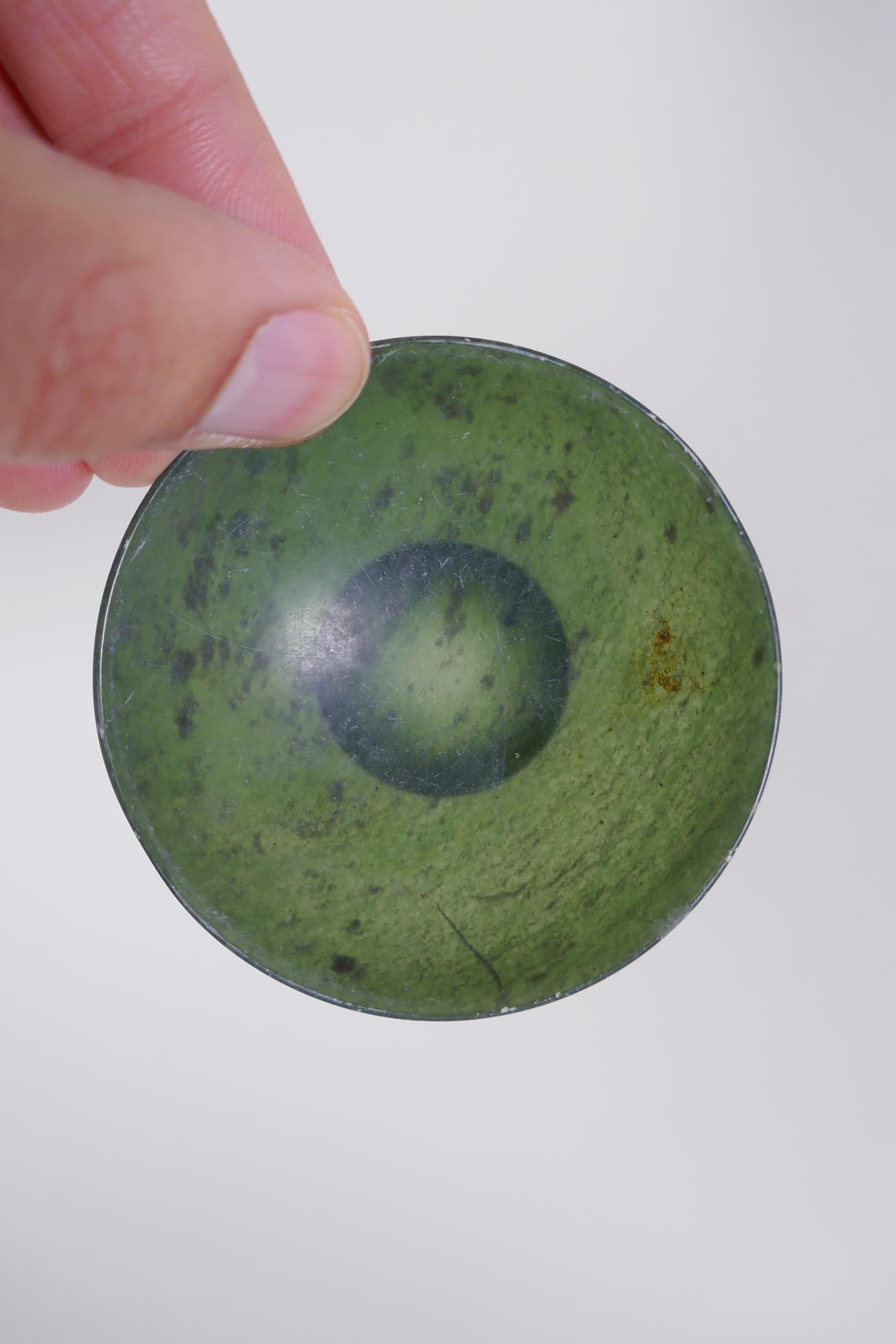 Four Chinese spinach jade bowls, AF repairs, 7cm diameter - Image 4 of 8