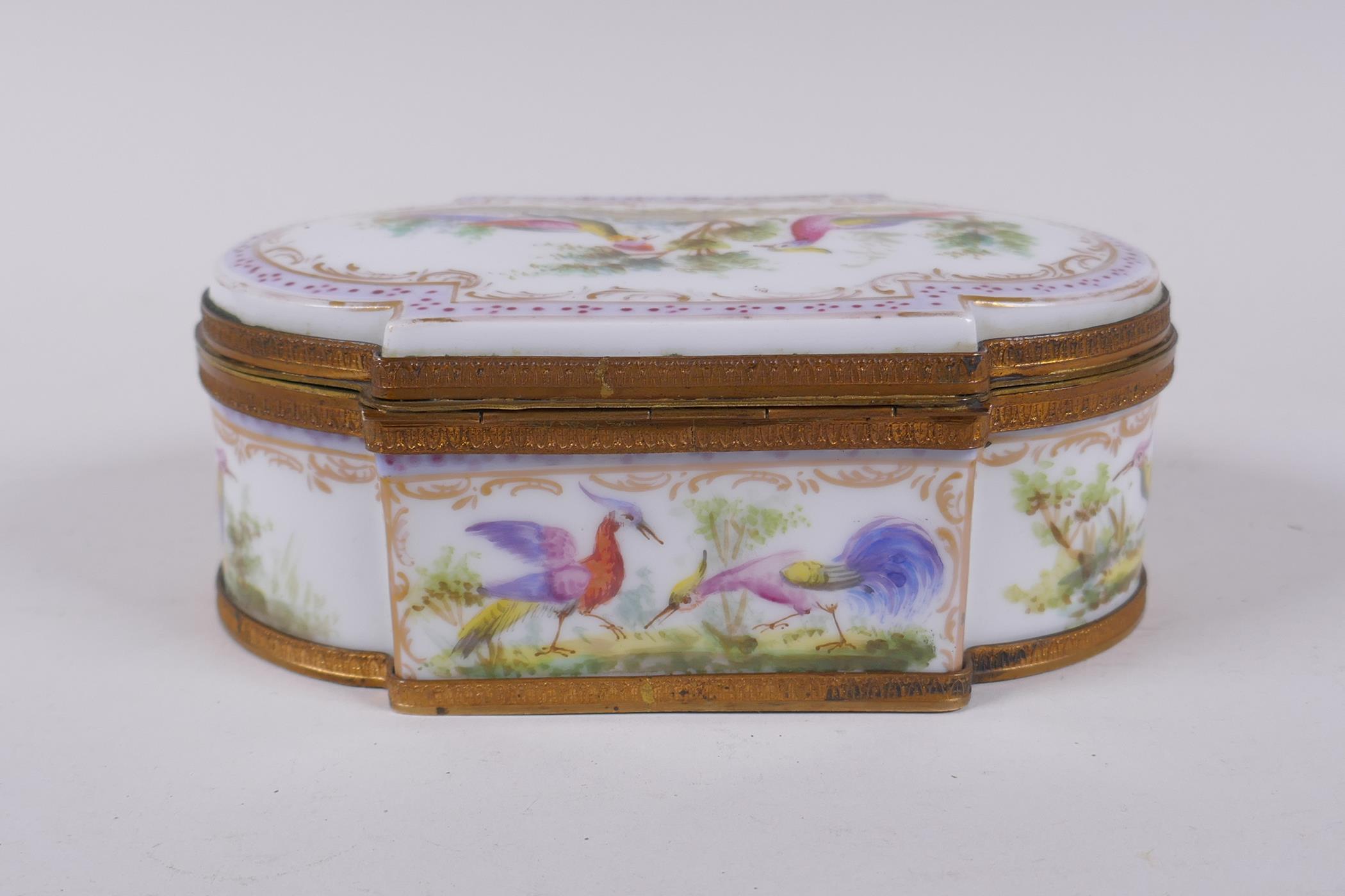 A hand painted porcelain trinket box with ormolu mounts, bears red Sevres mark to base, 16 x 10cm, - Image 5 of 8