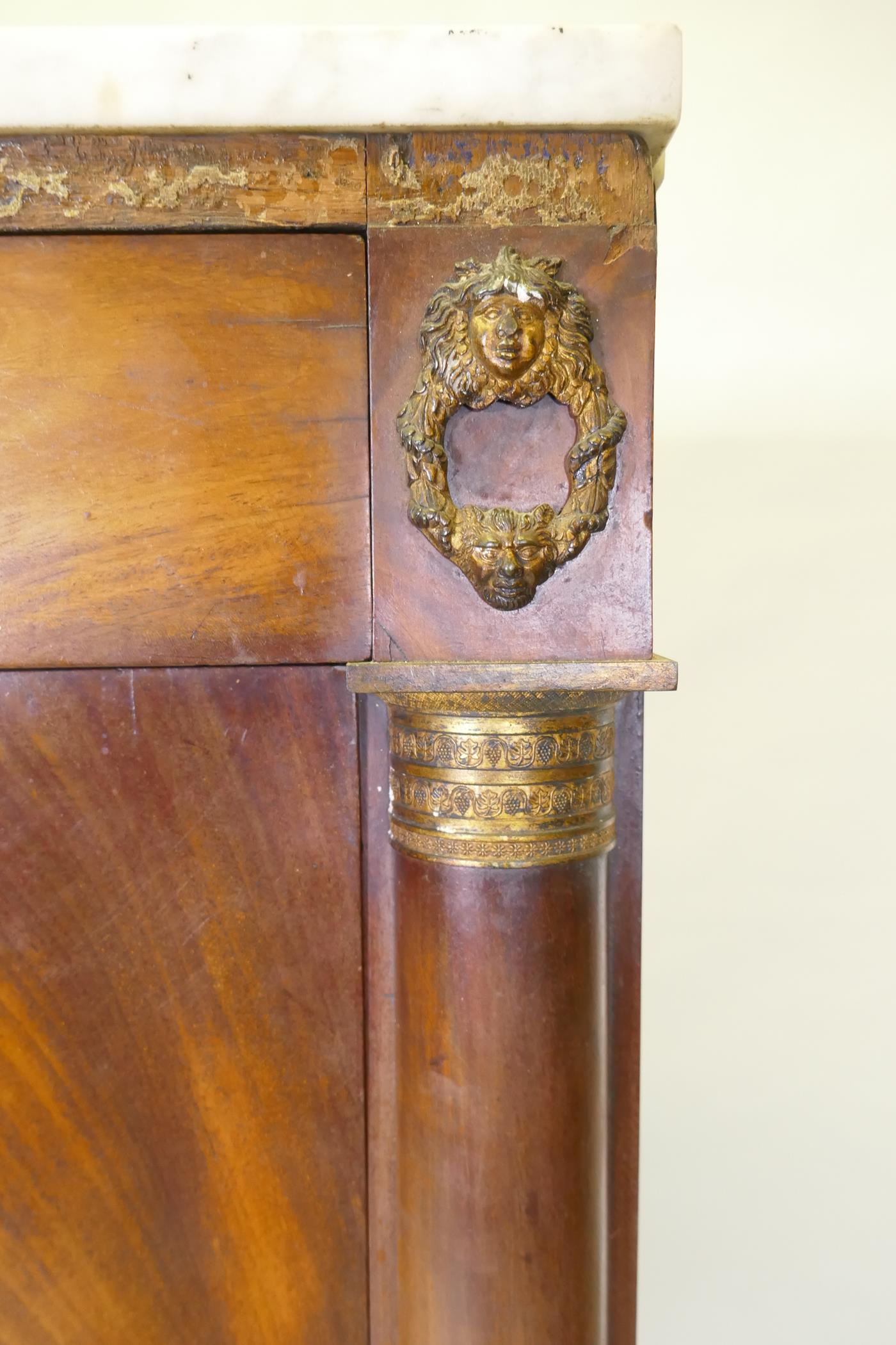 A C19th continental figured mahogany secretaire a abattant with ormolu mounts and marble top over - Image 3 of 6