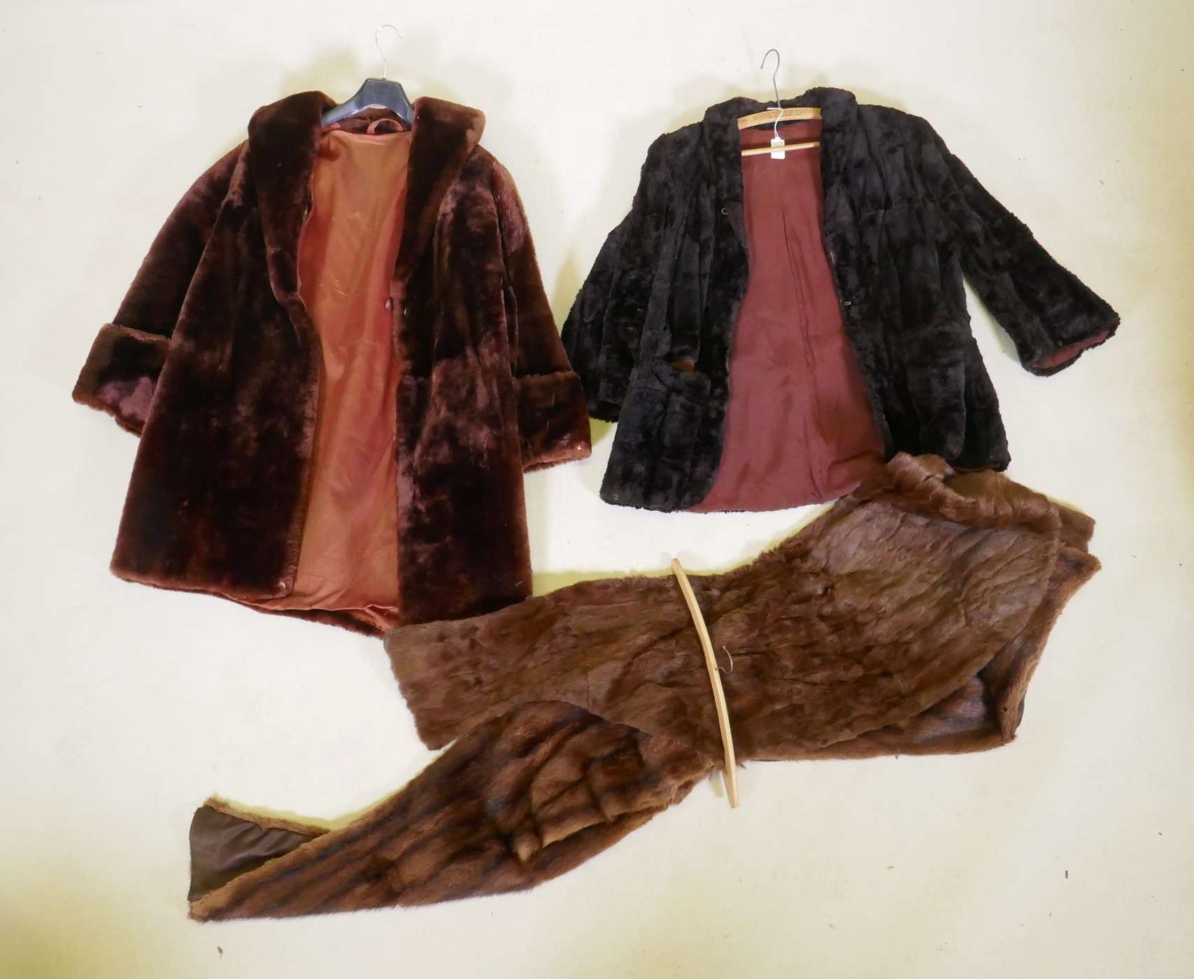 Two vintage fur jackets and two similar fur stoles, AF, largest 1m long