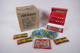 A vintage St Michael tin plate toy cash register in original box, and a Retro Vista-Screen viewer