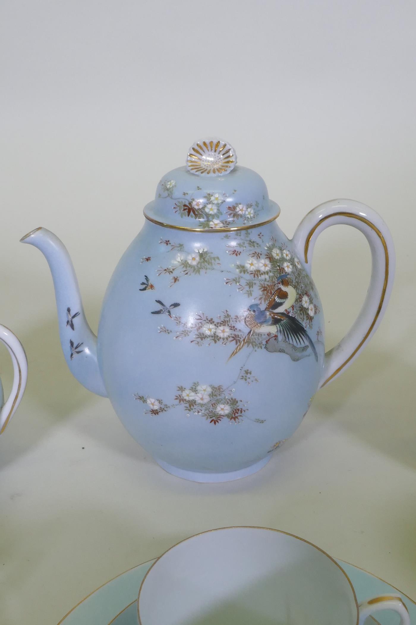 A Japanese Meiji period hand painted eggshell porcelain part tea service, comprising a tea pot, milk - Image 3 of 12