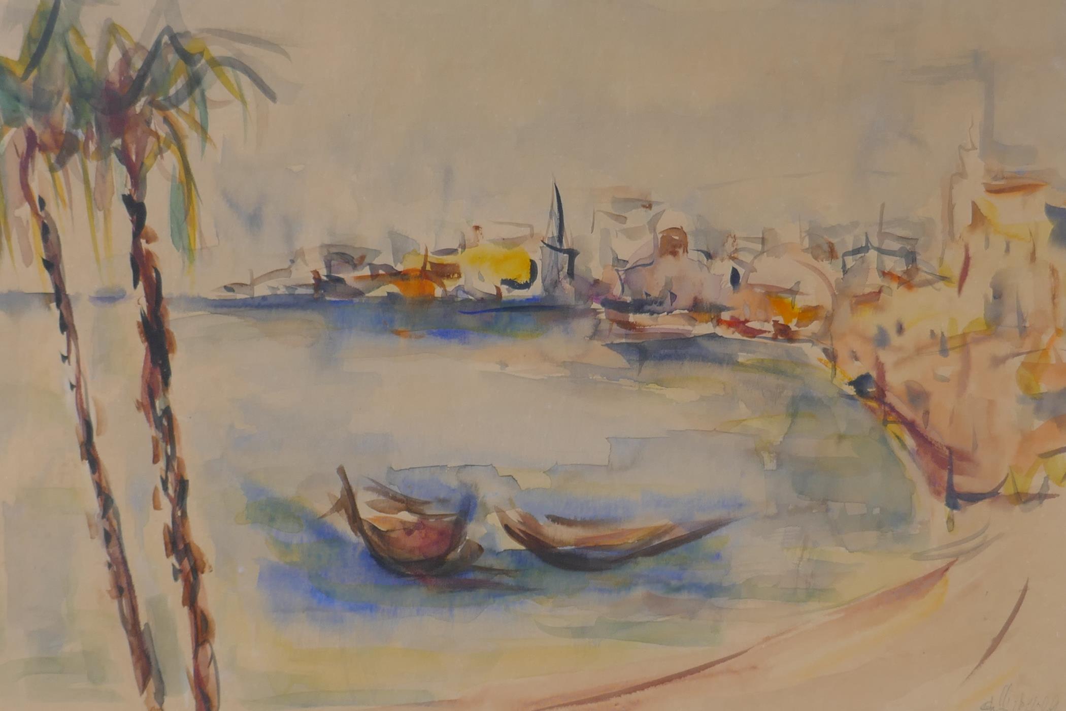 The Port of Jaffa, Israel, indistinctly signed in pencil, watercolour, 50 x 34cm