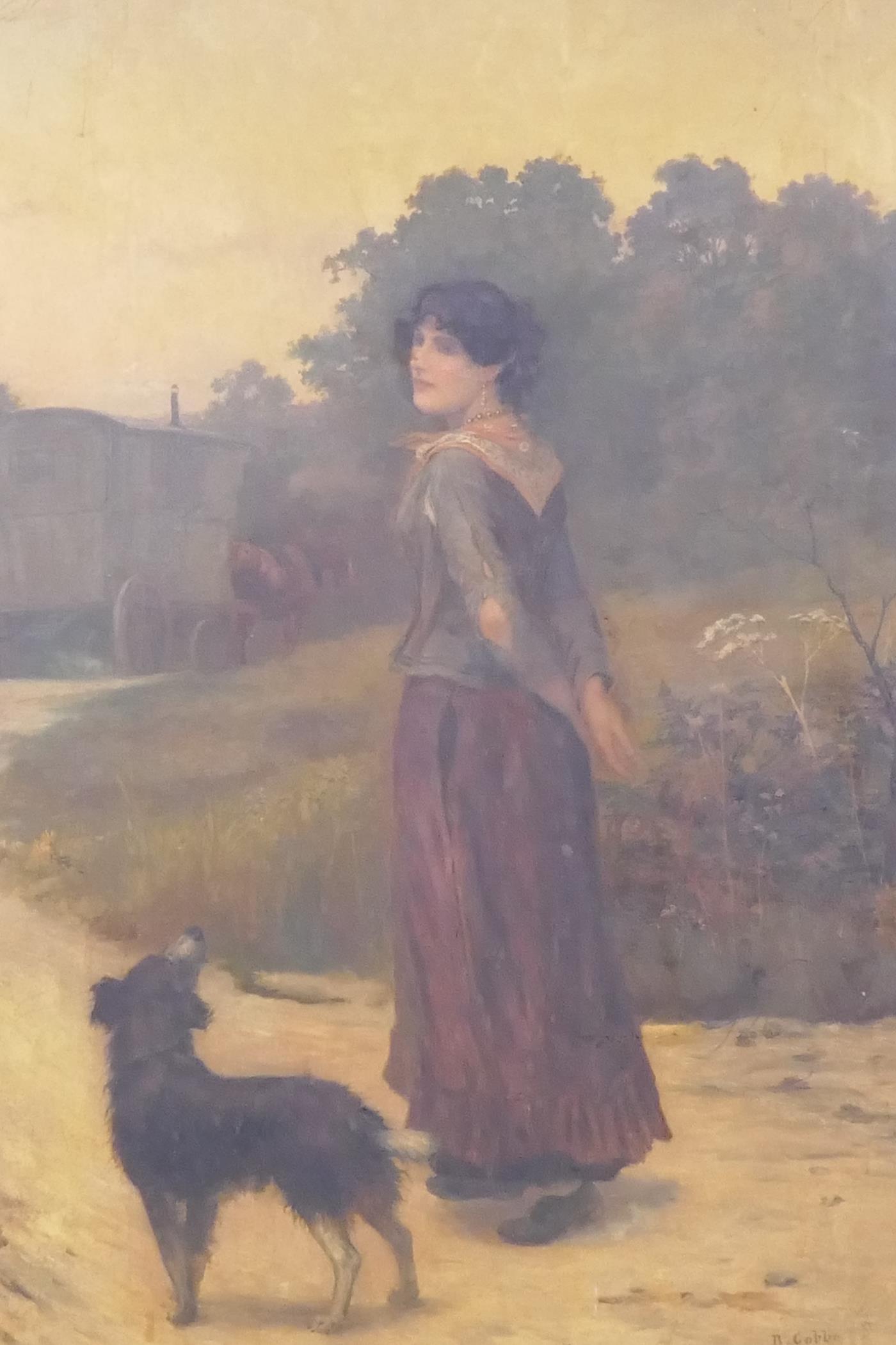 B. Cobbe, gypsy girl and dog on a path with caravan beyond, early C20th, signed, oil on canvas, re- - Image 2 of 6