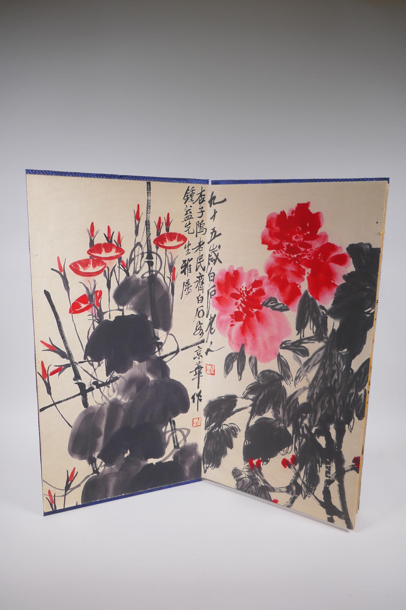 A Chinese printed concertina watercolour book depicting insects, birds, flowers and fruit, 30 x 59cm - Image 7 of 8