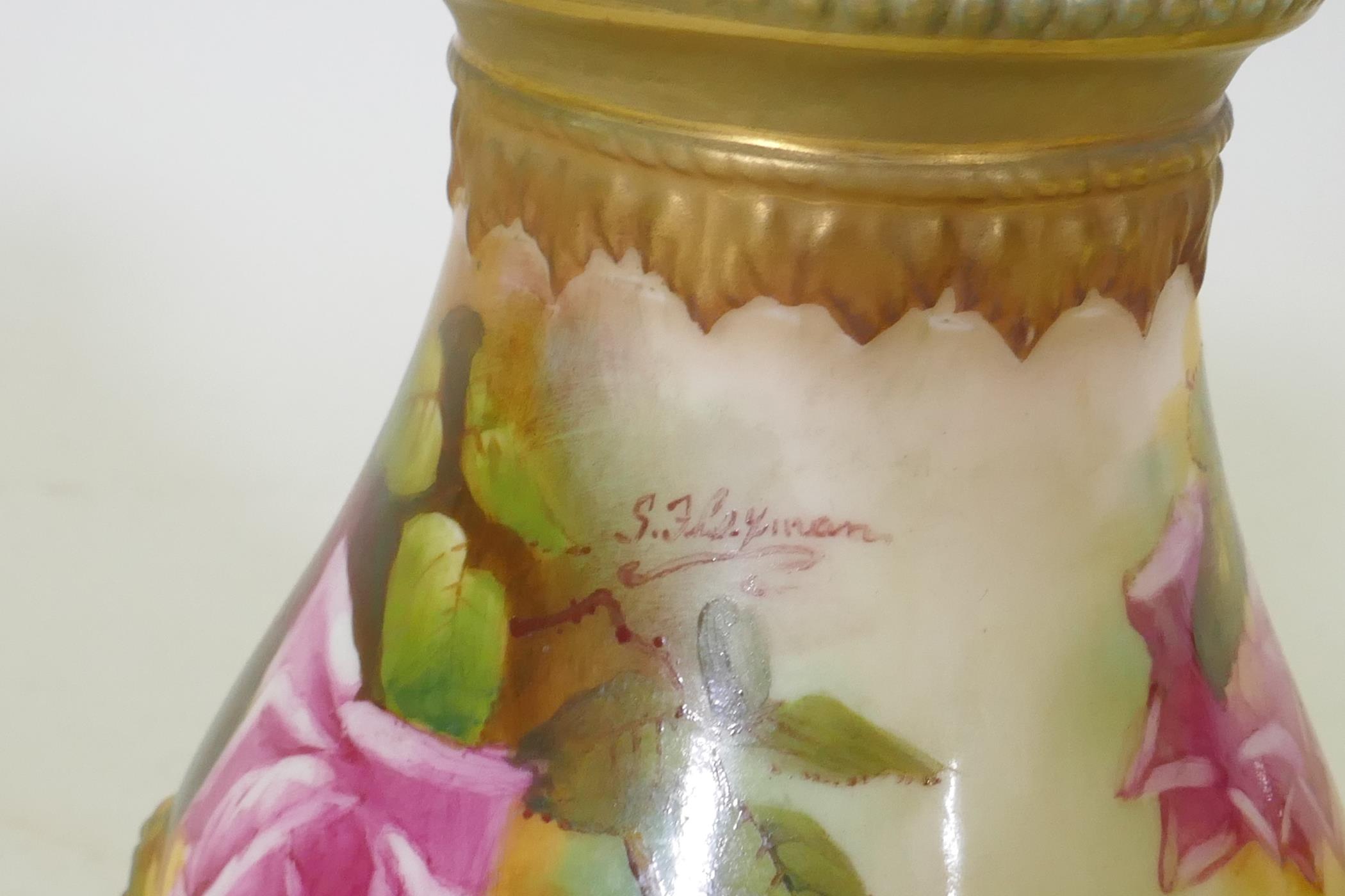 A Royal Crown Derby porcelain vase with gilt highlights on a green ground and hand painted - Image 7 of 9