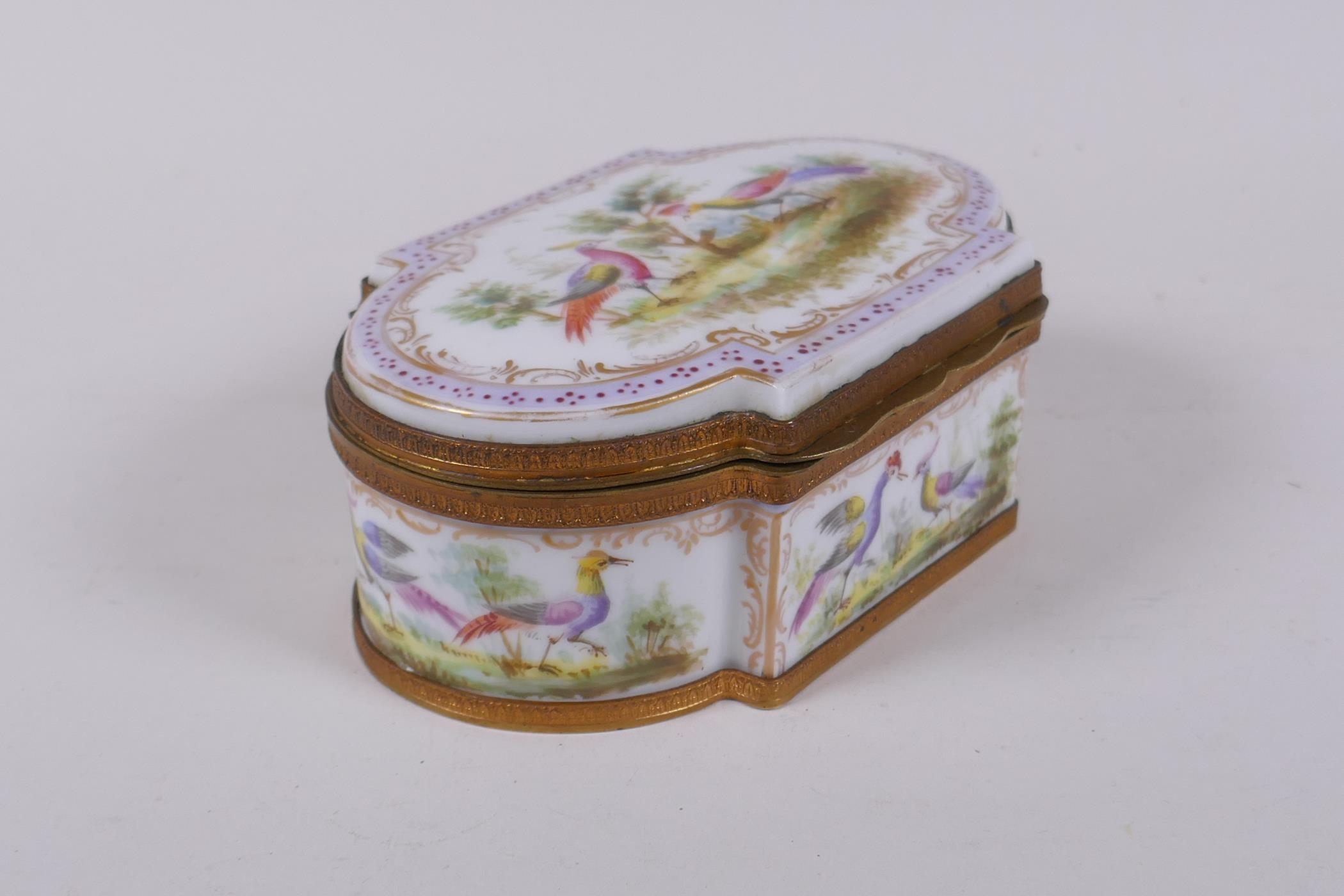 A hand painted porcelain trinket box with ormolu mounts, bears red Sevres mark to base, 16 x 10cm, - Image 2 of 8